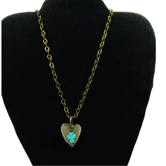 Light Green Sea Glass Heart Pendant with Turquoise Cross Charm, Artisan Crafted - Picture 7 of 13